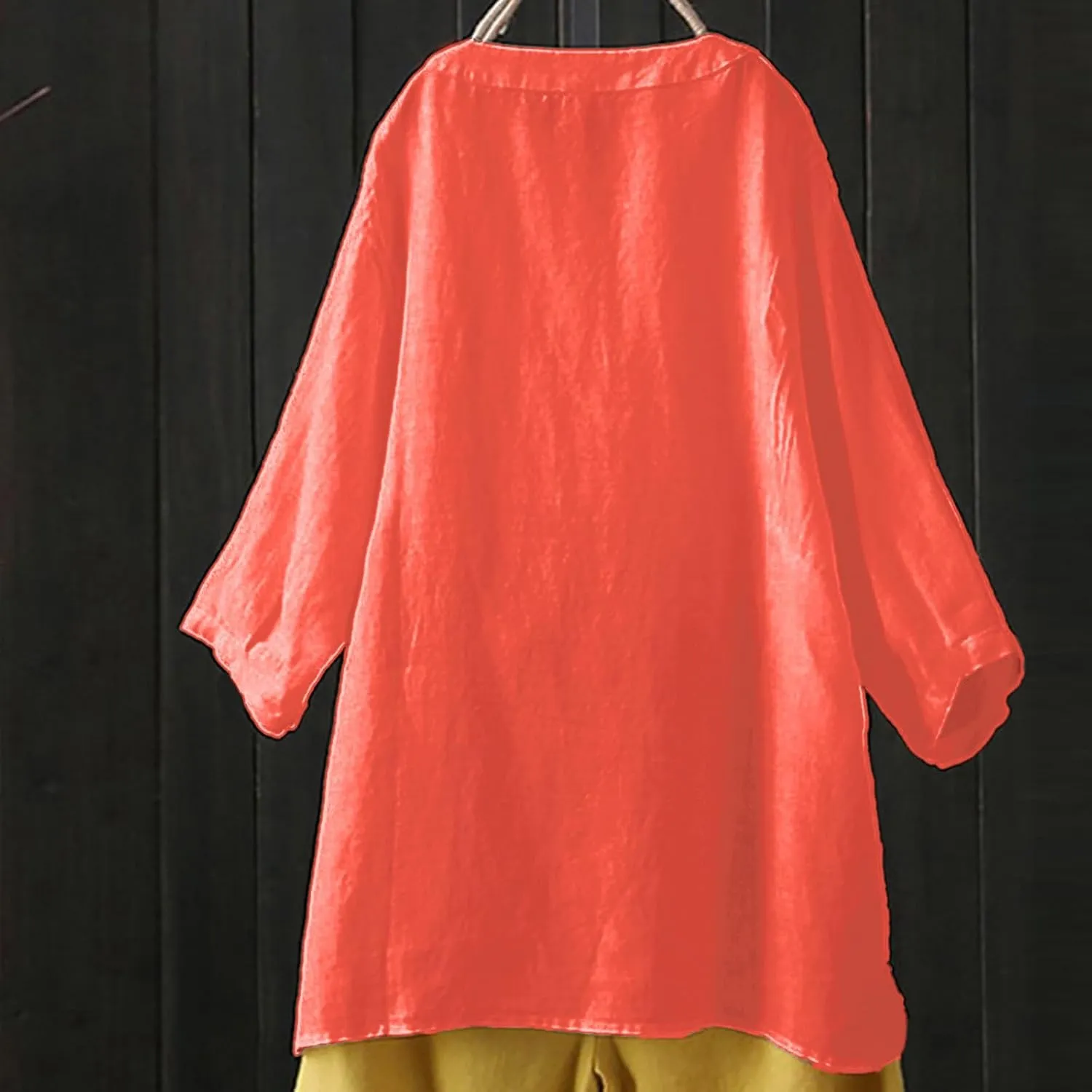 Linen Cotton Womens Long Sleeve Shirts Casual Oversized 3/4 Length Sleeve Round Neck Loose Fit Tees