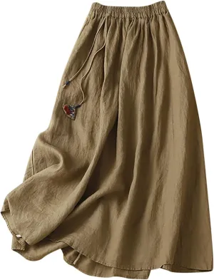 Linen Maxi Skirt for Women Elastic Waist Boho A-Line Skirts Boho Peasant 2025 Summer Beach Long Skirts with Drawstring