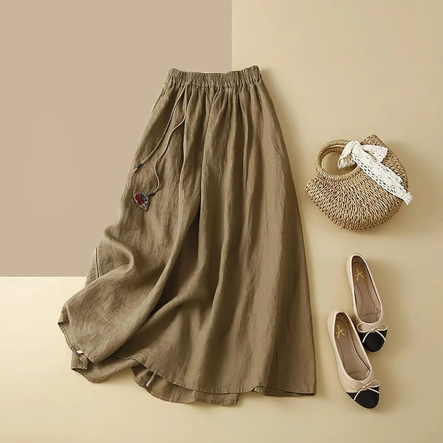 Linen Maxi Skirt for Women Elastic Waist Boho A-Line Skirts Boho Peasant 2025 Summer Beach Long Skirts with Drawstring