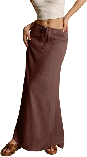 Linen Maxi Skirts for Women 2025 Summer Drawstring Waist A Line Skirts Vacation Trendy Comfy Boho Long Flowy Skirt