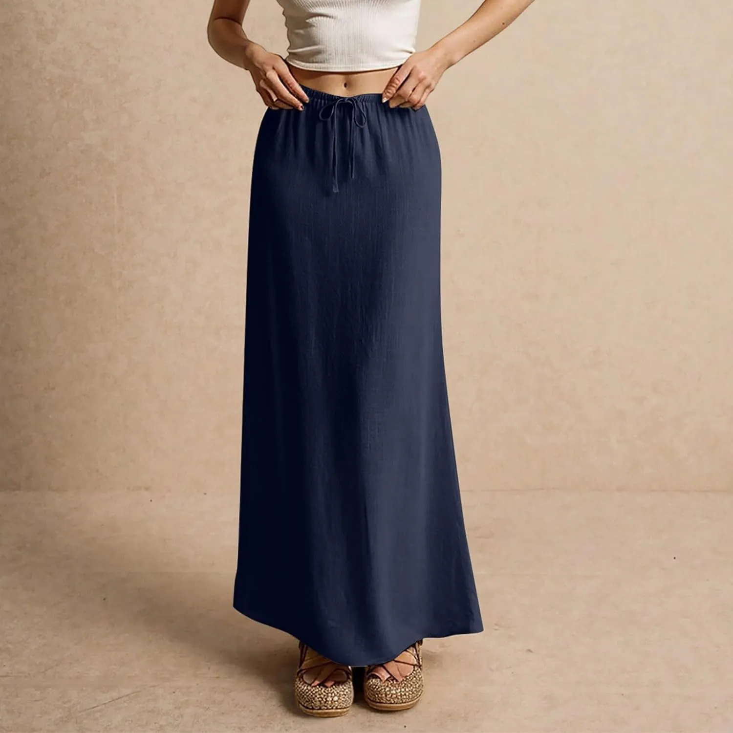 Linen Maxi Skirts for Women 2025 Summer Drawstring Waist A Line Skirts Vacation Trendy Comfy Boho Long Flowy Skirt