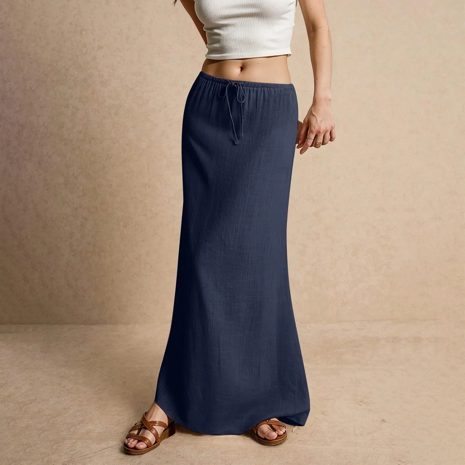 Linen Maxi Skirts for Women 2025 Summer Drawstring Waist A Line Skirts Vacation Trendy Comfy Boho Long Flowy Skirt