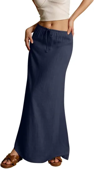 Linen Maxi Skirts for Women 2025 Summer Drawstring Waist A Line Skirts Vacation Trendy Comfy Boho Long Flowy Skirt