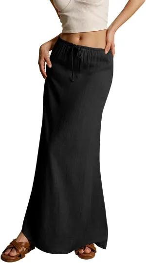 Linen Maxi Skirts for Women Trendy Summer Comfy Drawstring Waist A Line Skirts Cute Vacation Boho Long Flowy Skirt