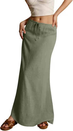 Linen Maxi Skirts for Women Trendy Summer Comfy Drawstring Waist A Line Skirts Cute Vacation Boho Long Flowy Skirts