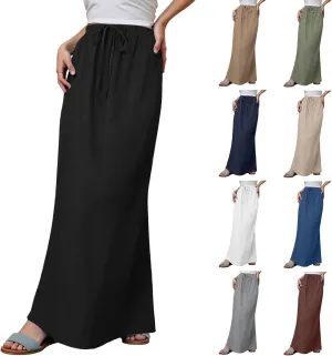 Linen Maxi Skirts for Women Trendy Summer Comfy Drawstring Waist A Line Skirts Cute Vacation Boho Long Flowy Skirts