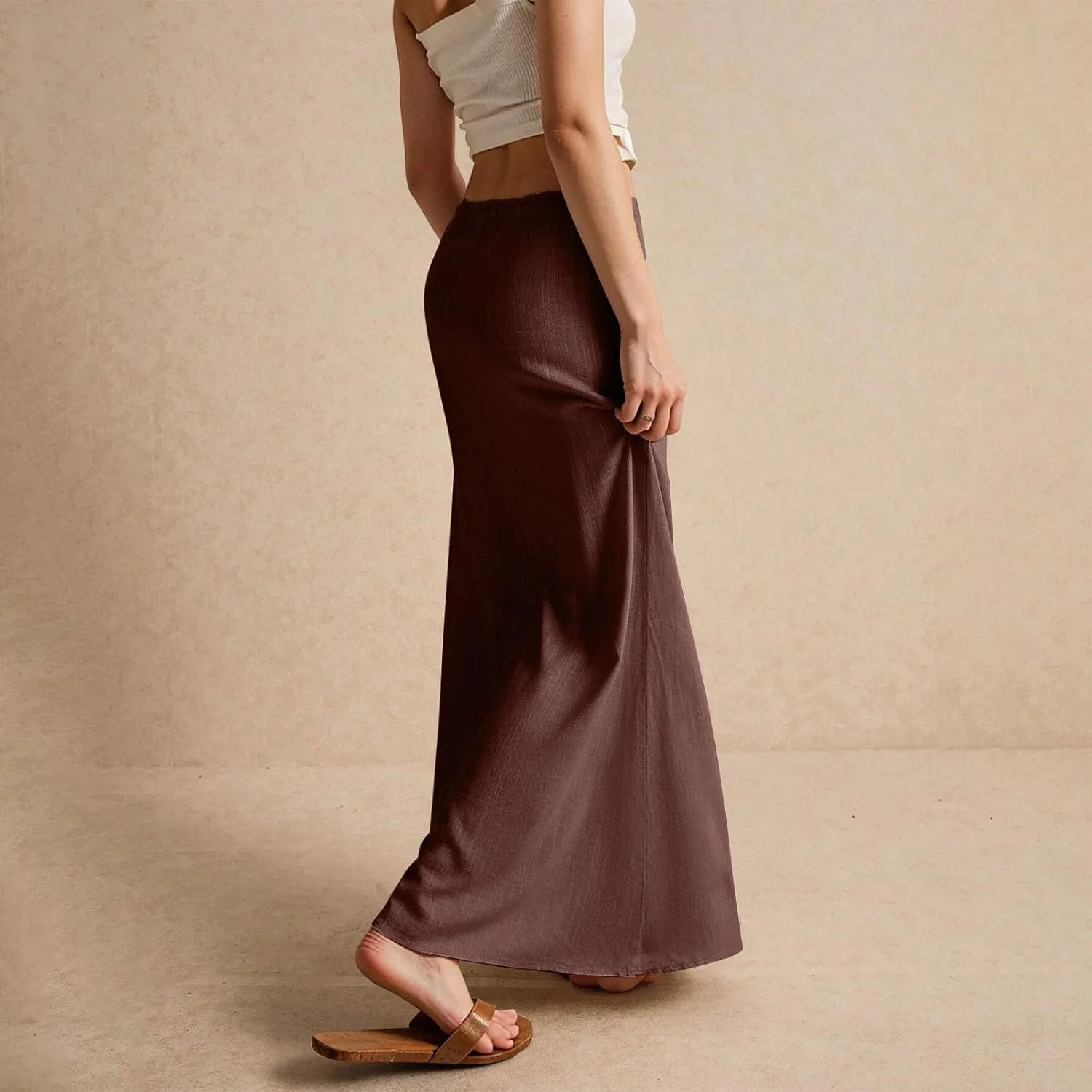 Linen Maxi Skirts for Womens Trendy Summer Comfy Drawstring Waist A Line Skirts Cute Vacation Boho Long Flowy Skirt