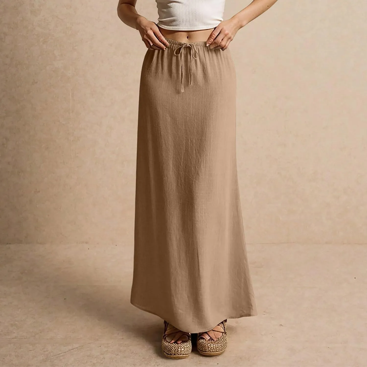 Linen Maxi Skirts for Womens Trendy Summer Comfy Drawstring Waist A Line Skirts Cute Vacation Boho Long Flowy Skirt