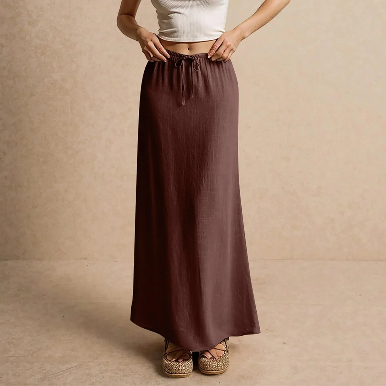 Linen Maxi Skirts for Womens Trendy Summer Comfy Drawstring Waist A Line Skirts Cute Vacation Boho Long Flowy Skirt