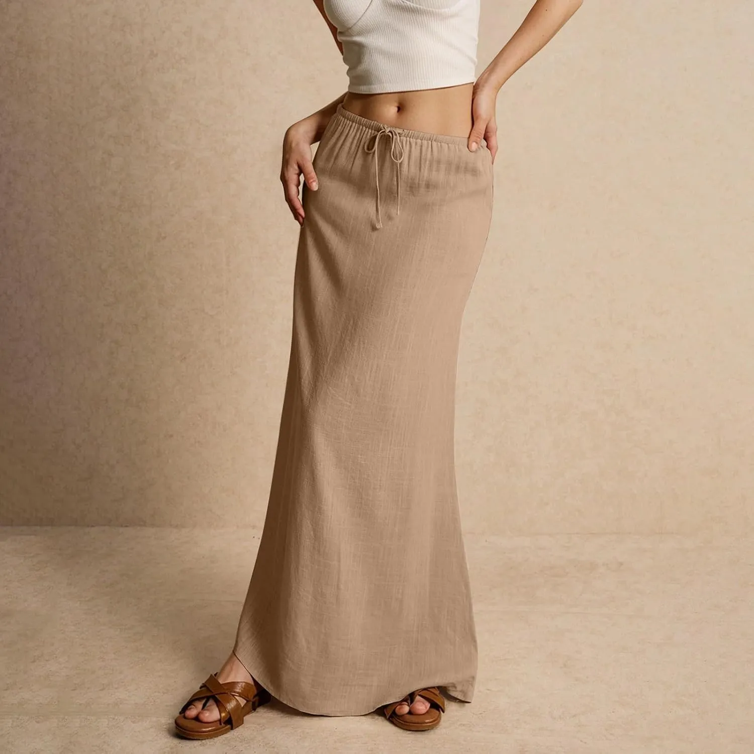 Linen Maxi Skirts for Womens Trendy Summer Comfy Drawstring Waist A Line Skirts Cute Vacation Boho Long Flowy Skirt