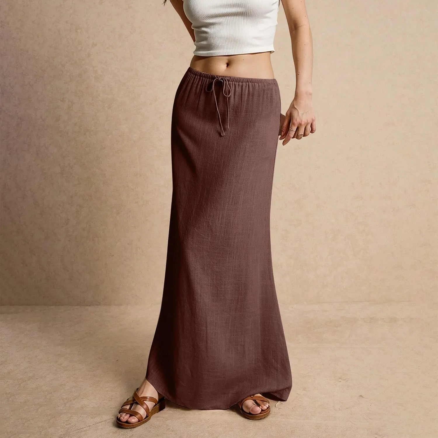 Linen Maxi Skirts for Womens Trendy Summer Comfy Drawstring Waist A Line Skirts Cute Vacation Boho Long Flowy Skirt