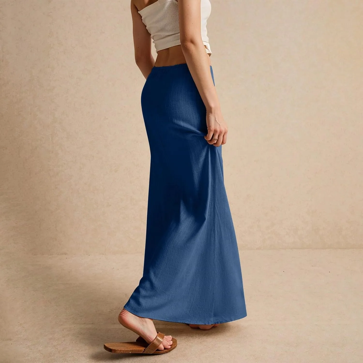Linen Maxi Skirts for Womens Trendy Summer Comfy Drawstring Waist A Line Skirts Cute Vacation Boho Long Flowy Skirt