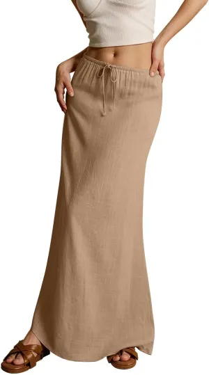Linen Maxi Skirts for Womens Trendy Summer Comfy Drawstring Waist A Line Skirts Cute Vacation Boho Long Flowy Skirt