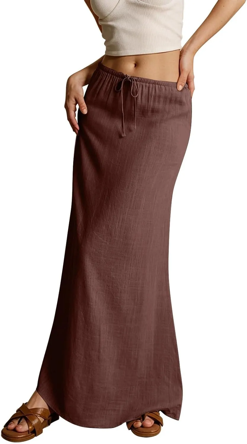 Linen Maxi Skirts for Womens Trendy Summer Comfy Drawstring Waist A Line Skirts Cute Vacation Boho Long Flowy Skirt