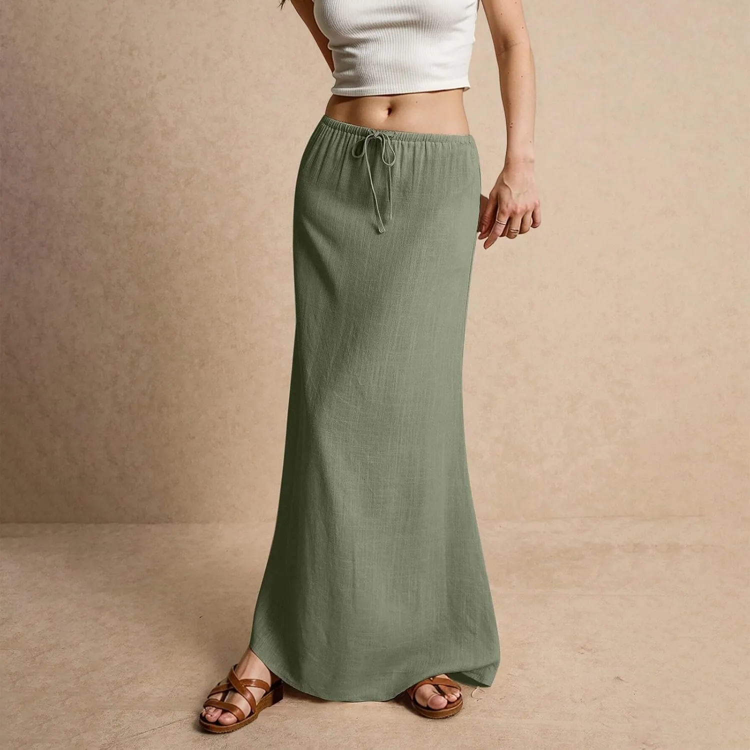 Linen Maxi Skirts for Womens Trendy Summer Comfy Drawstring Waist A Line Skirts Cute Vacation Boho Long Flowy Skirt