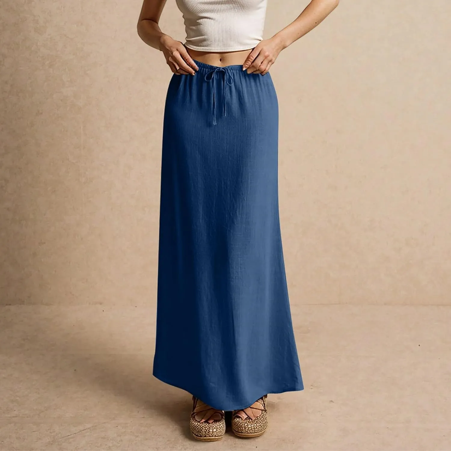 Linen Maxi Skirts for Womens Trendy Summer Comfy Drawstring Waist A Line Skirts Cute Vacation Boho Long Flowy Skirt