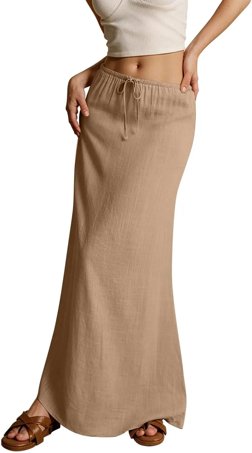 Linen Maxi Skirts for Womens Trendy Summer Comfy Drawstring Waist A Line Skirts Cute Vacation Boho Long Flowy Skirt