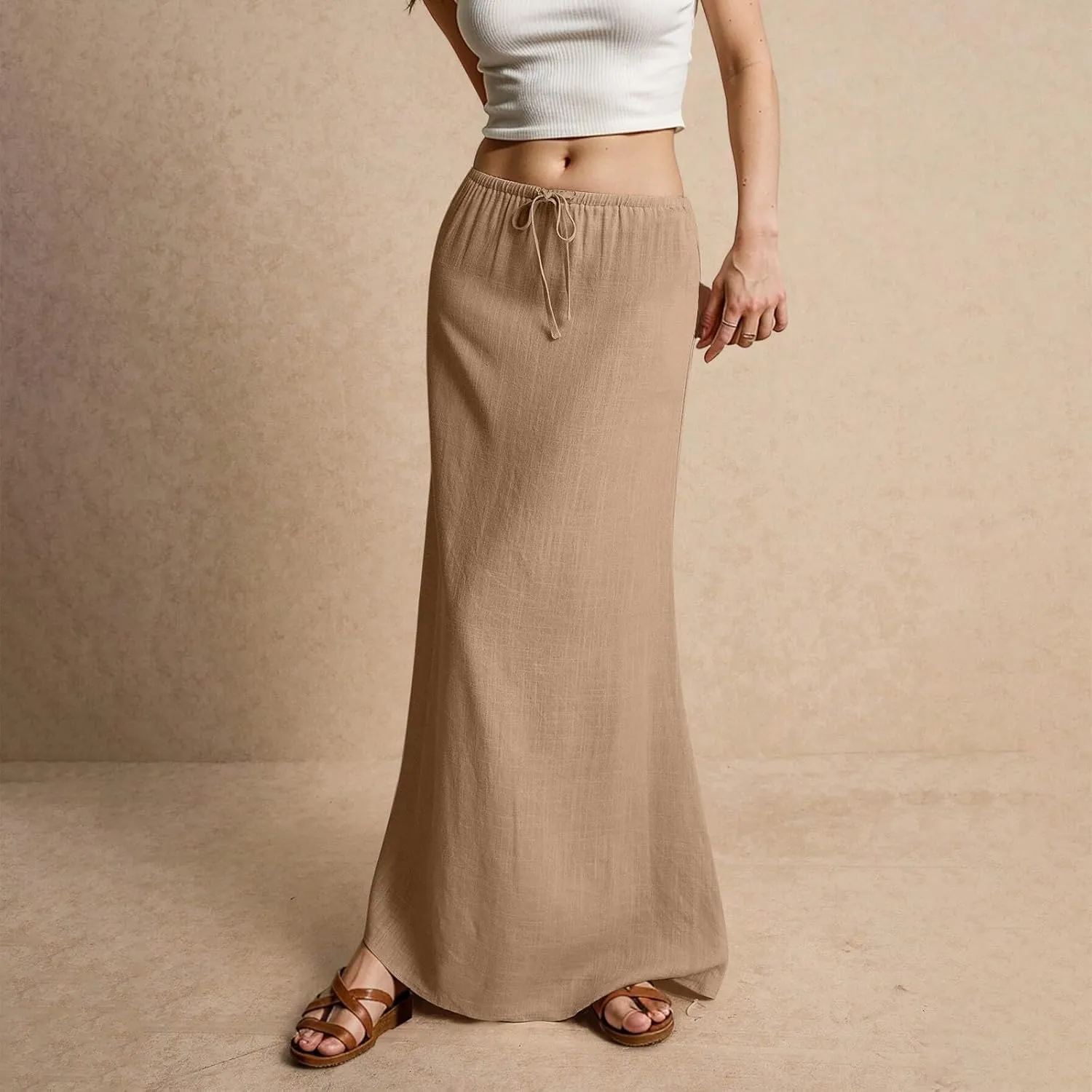 Linen Maxi Skirts for Womens Trendy Summer Comfy Drawstring Waist A Line Skirts Cute Vacation Boho Long Flowy Skirt