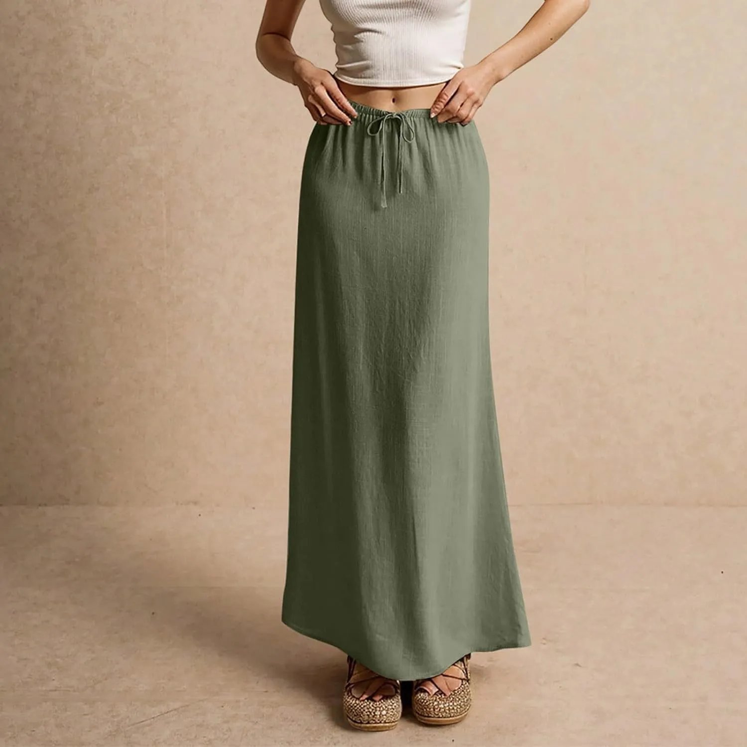 Linen Maxi Skirts for Womens Trendy Summer Comfy Drawstring Waist A Line Skirts Cute Vacation Boho Long Flowy Skirt