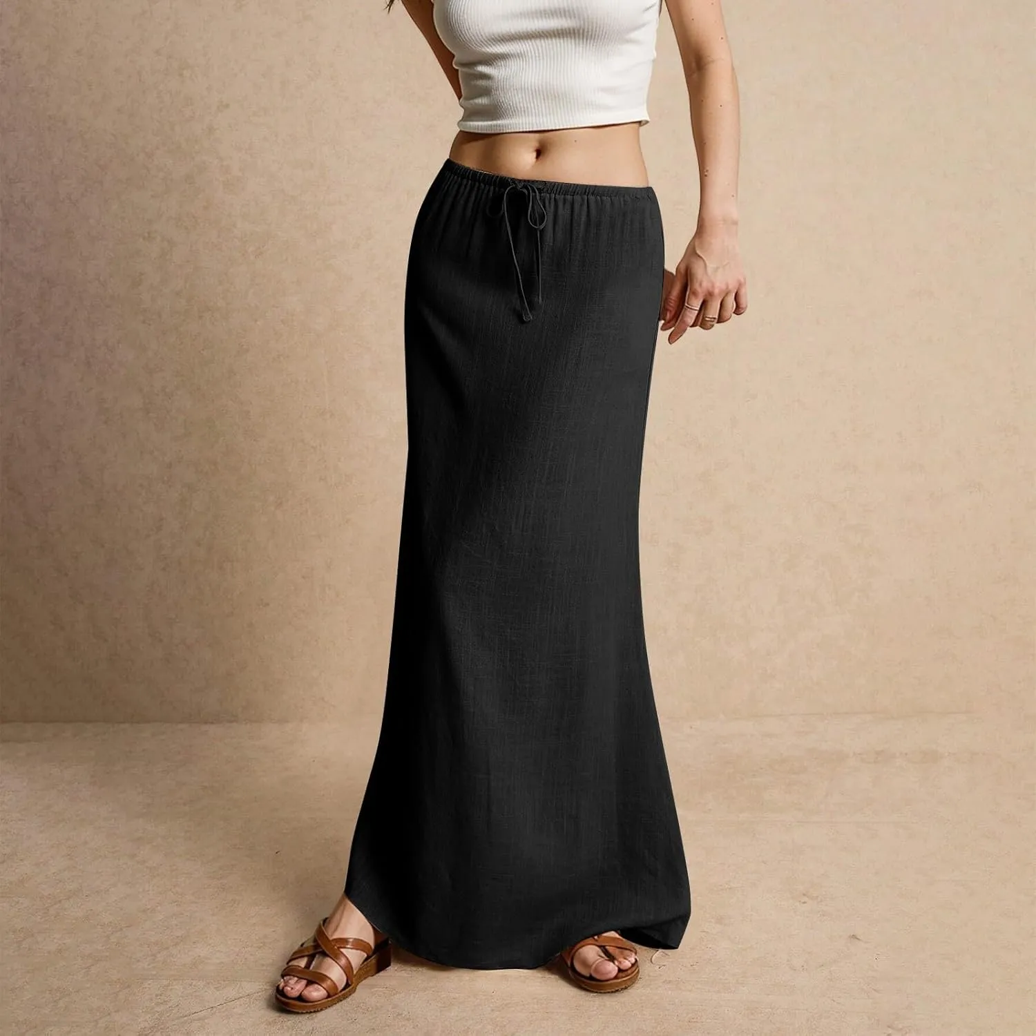 Linen Maxi Skirts for Womens Trendy Summer Comfy Drawstring Waist A Line Skirts Cute Vacation Boho Long Flowy Skirt