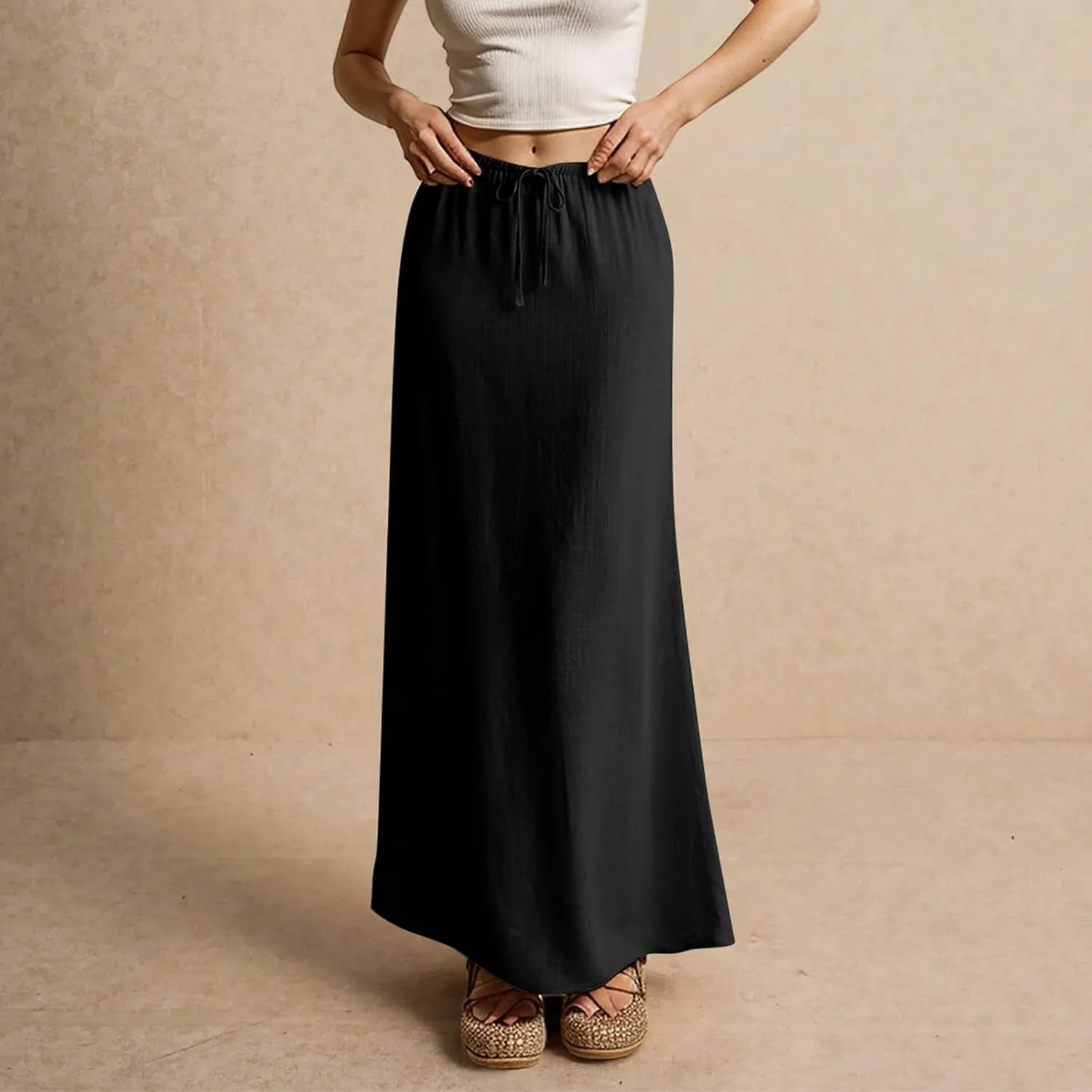 Linen Maxi Skirts for Womens Trendy Summer Comfy Drawstring Waist A Line Skirts Cute Vacation Boho Long Flowy Skirt