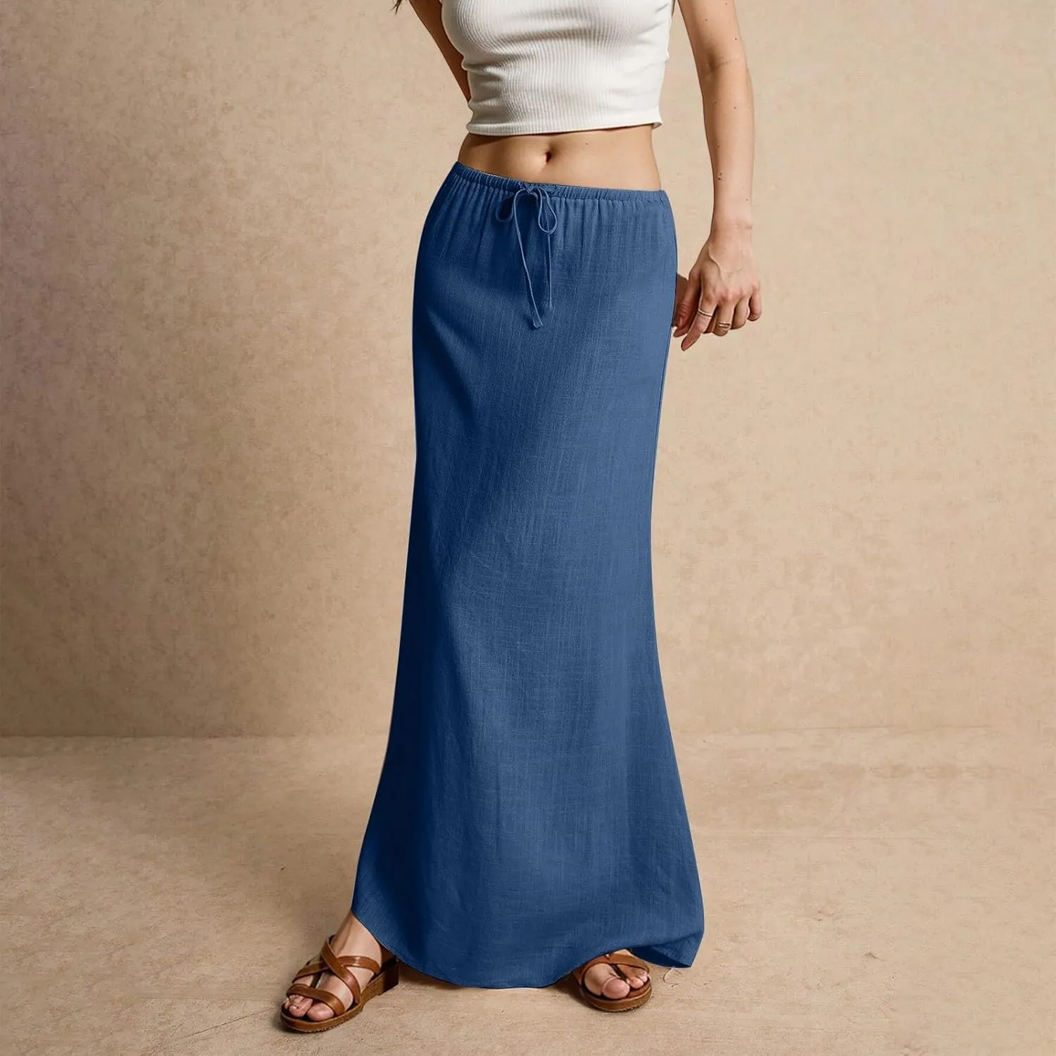 Linen Maxi Skirts for Womens Trendy Summer Comfy Drawstring Waist A Line Skirts Cute Vacation Boho Long Flowy Skirt