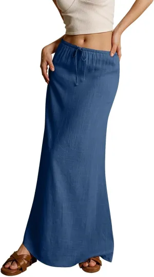 Linen Maxi Skirts for Womens Trendy Summer Comfy Drawstring Waist A Line Skirts Cute Vacation Boho Long Flowy Skirt