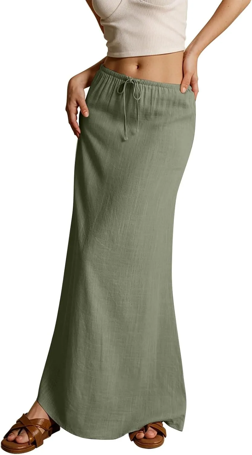Linen Maxi Skirts for Womens Trendy Summer Comfy Drawstring Waist A Line Skirts Cute Vacation Boho Long Flowy Skirt