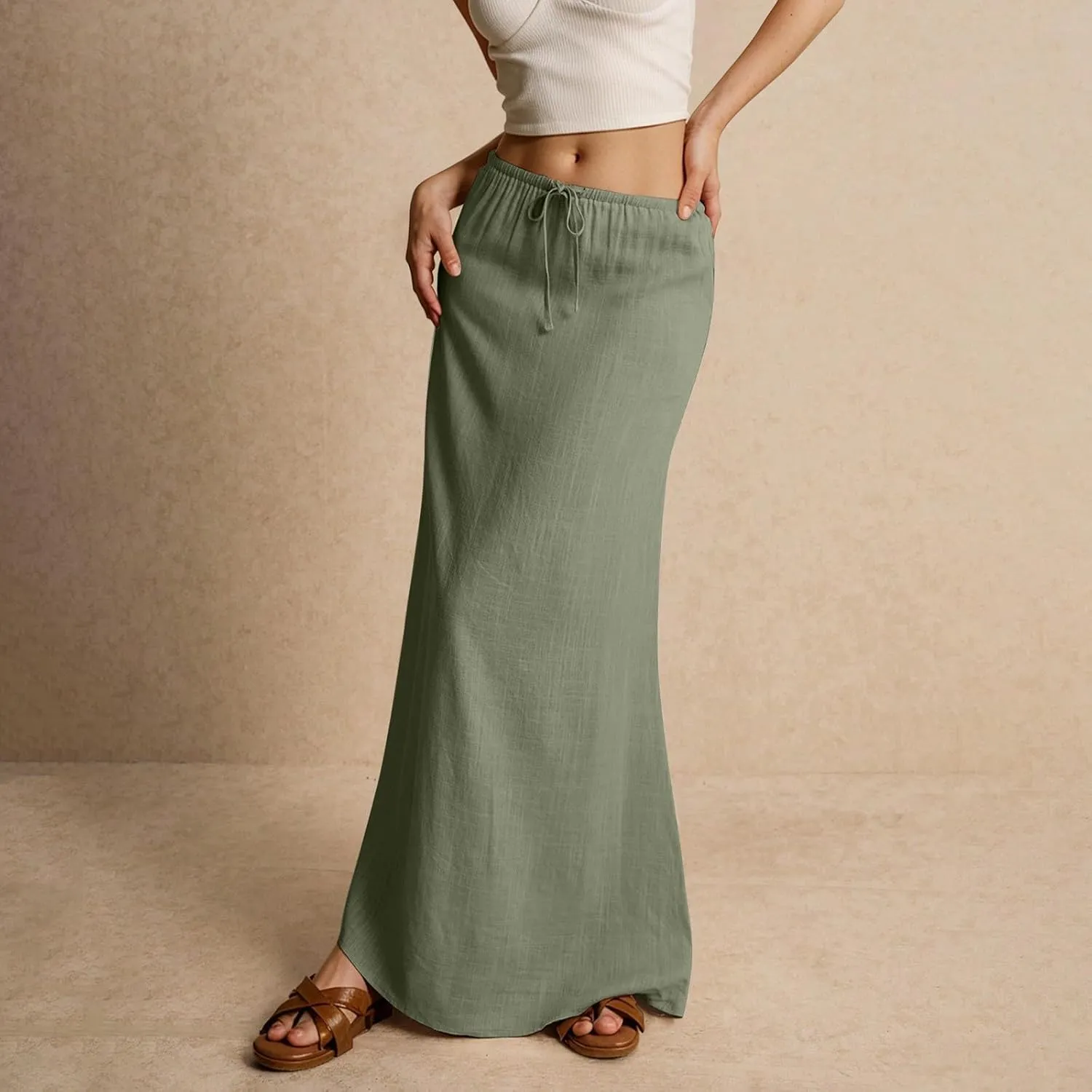 Linen Maxi Skirts for Womens Trendy Summer Comfy Drawstring Waist A Line Skirts Cute Vacation Boho Long Flowy Skirt