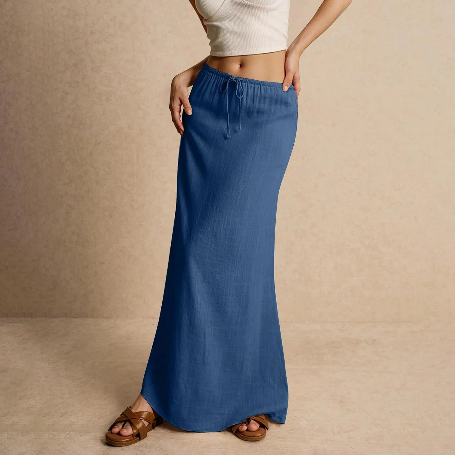 Linen Maxi Skirts for Womens Trendy Summer Comfy Drawstring Waist A Line Skirts Cute Vacation Boho Long Flowy Skirt