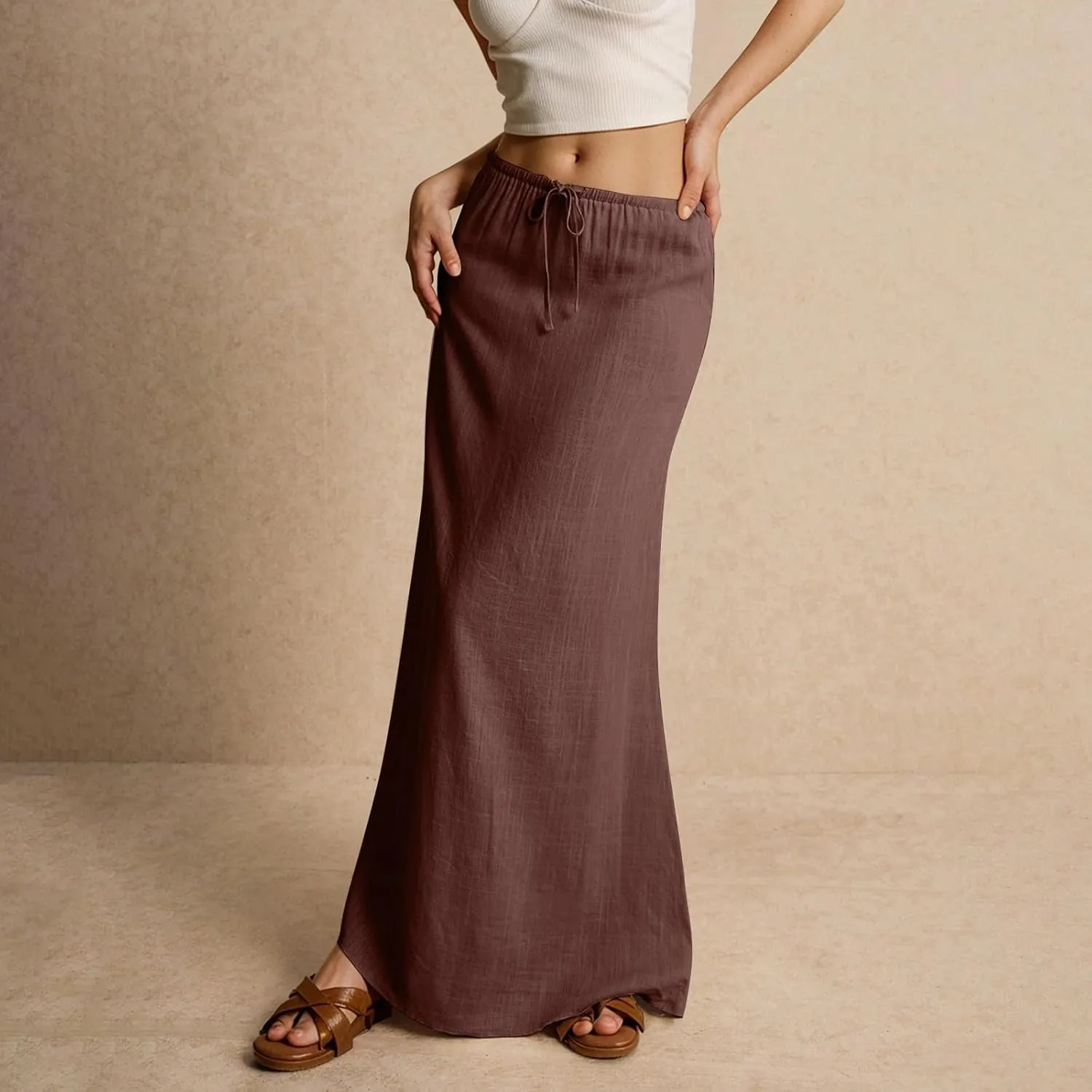 Linen Maxi Skirts for Womens Trendy Summer Comfy Drawstring Waist A Line Skirts Cute Vacation Boho Long Flowy Skirt