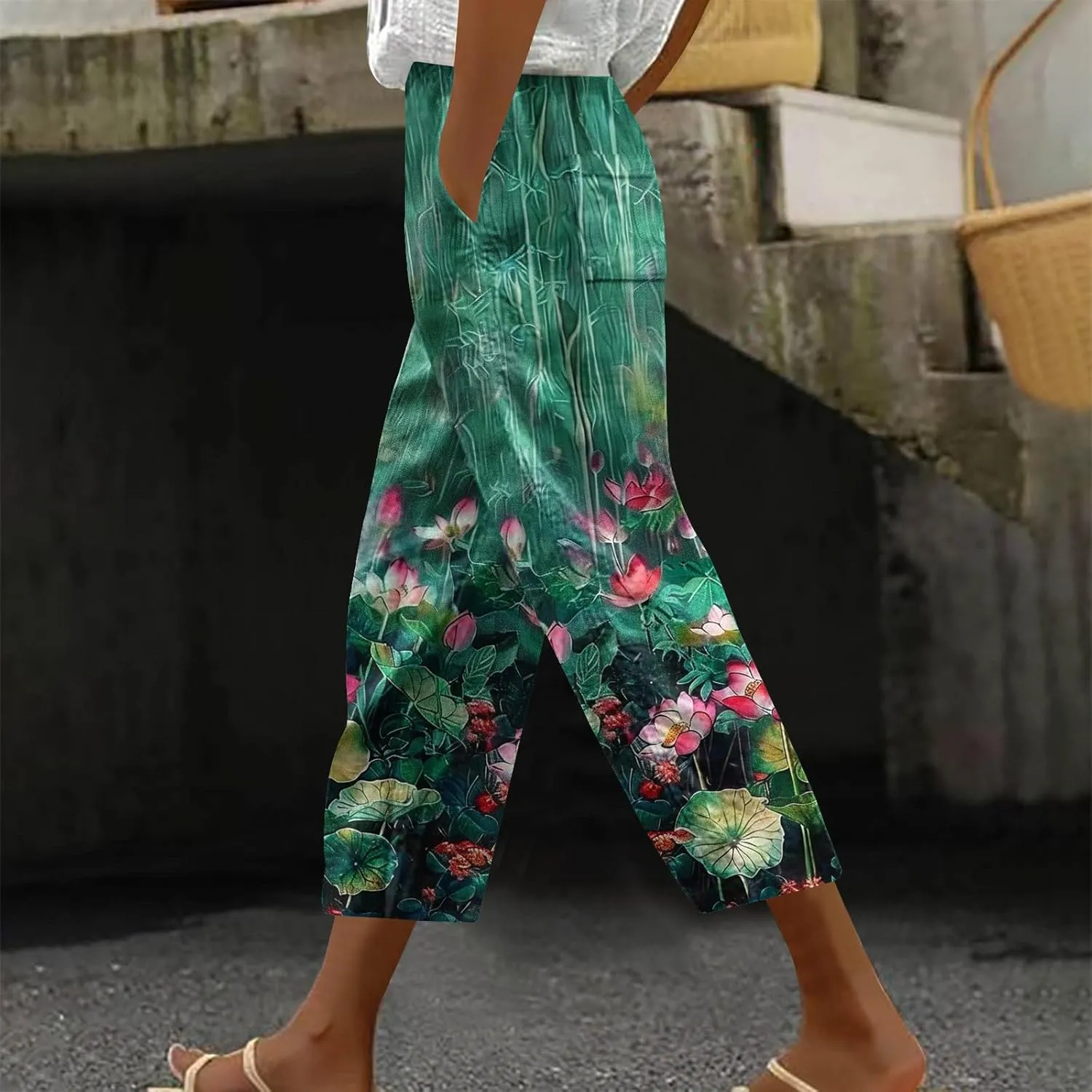 Linen Pants Women Casual Summer Harlan Pants Lightweight Wide Leg Gradient Color Trousers with Drawstring Pockets