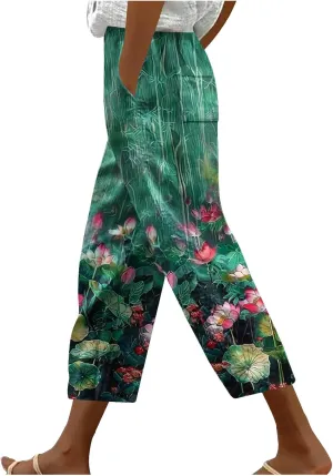 Linen Pants Women Casual Summer Harlan Pants Lightweight Wide Leg Gradient Color Trousers with Drawstring Pockets