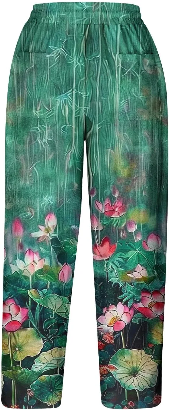 Linen Pants Women Casual Summer Harlan Pants Lightweight Wide Leg Gradient Color Trousers with Drawstring Pockets