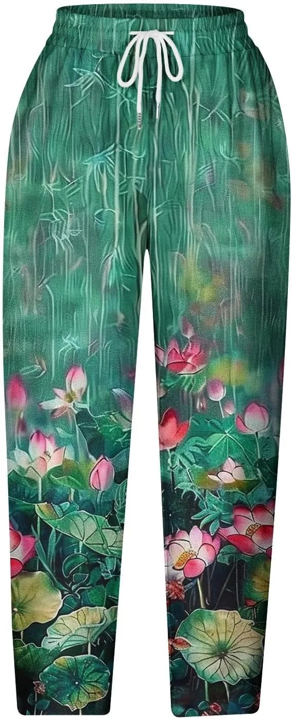 Linen Pants Women Casual Summer Harlan Pants Lightweight Wide Leg Gradient Color Trousers with Drawstring Pockets