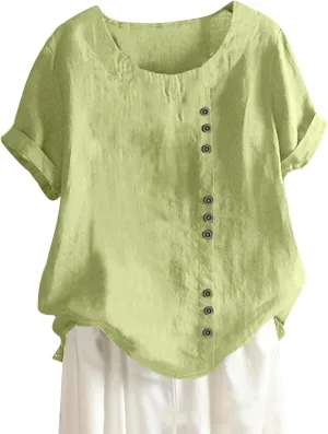 Linen Shirt Women,Short Sleeve 2024 Summer Blouses Round Neck Boho Blouse Button Down T Shirt Floral Print Top