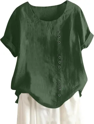 Linen Shirt Women,Short Sleeve 2024 Summer Blouses Round Neck Boho Blouse Button Down T Shirt Floral Print Top