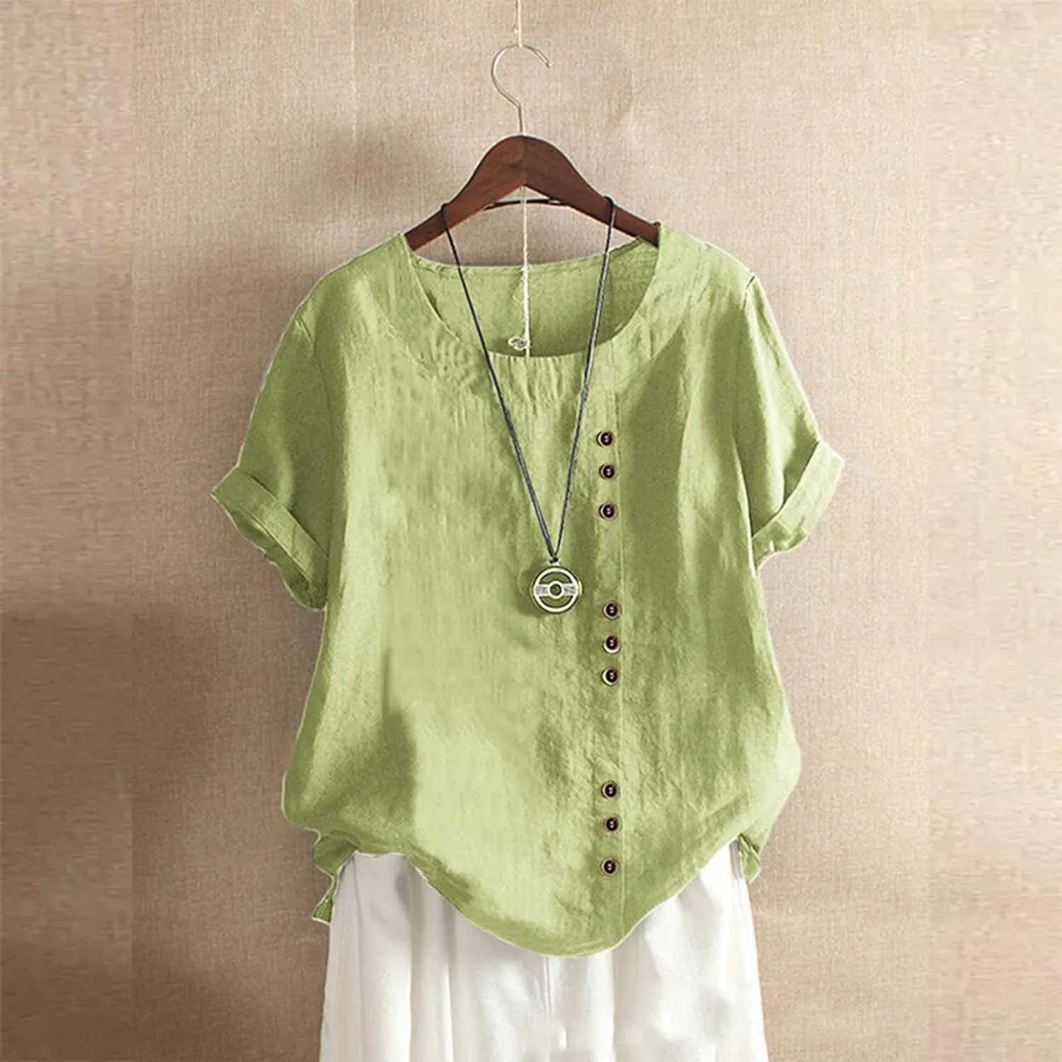 Linen Shirt Women,Short Sleeve 2024 Summer Blouses Round Neck Boho Blouse Button Down T Shirt Floral Print Top