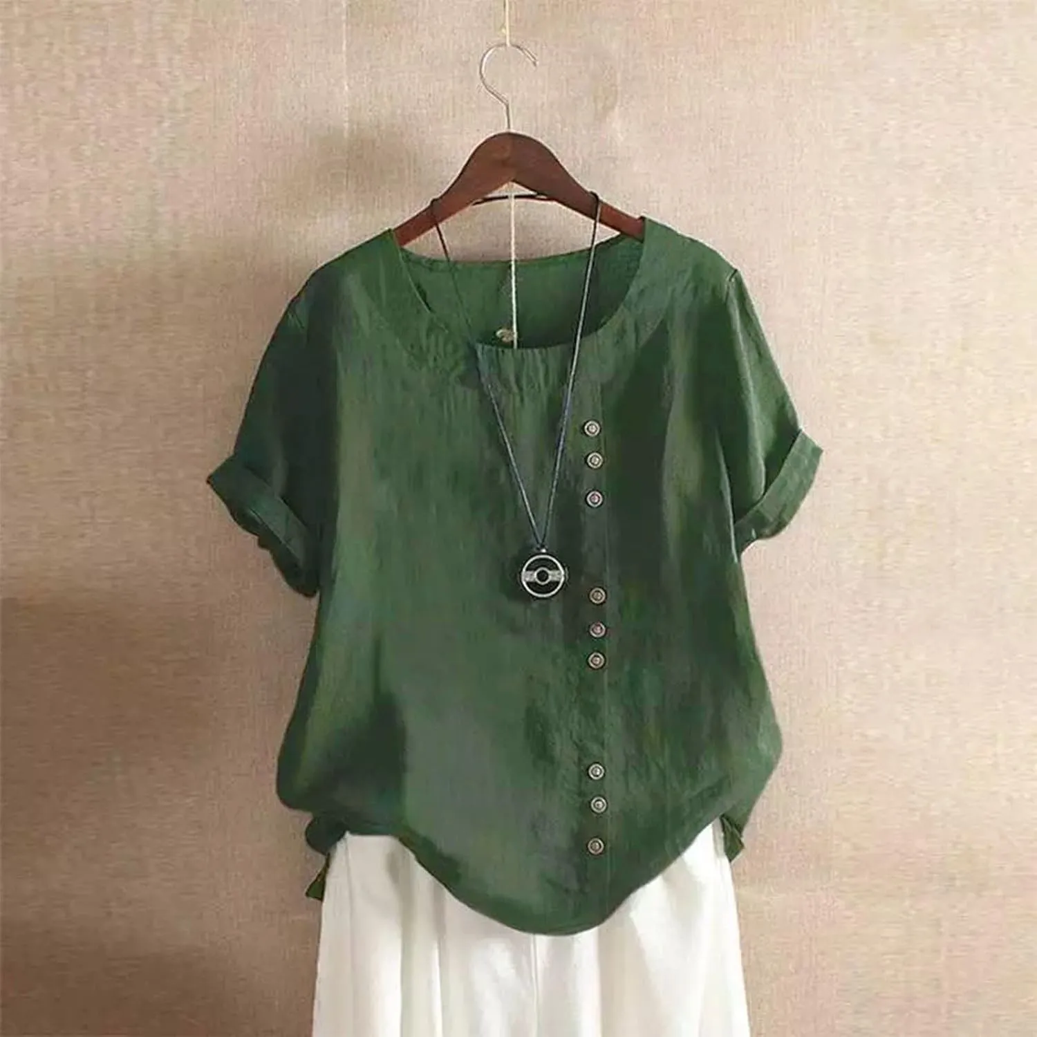 Linen Shirt Women,Short Sleeve 2024 Summer Blouses Round Neck Boho Blouse Button Down T Shirt Floral Print Top