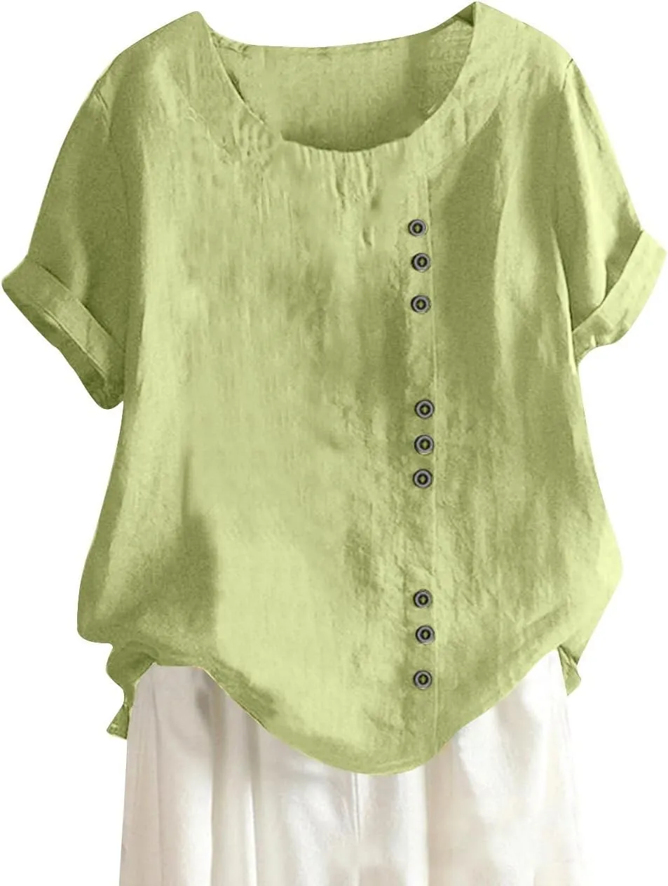 Linen Shirt Women,Short Sleeve 2024 Summer Blouses Round Neck Boho Blouse Button Down T Shirt Floral Print Top