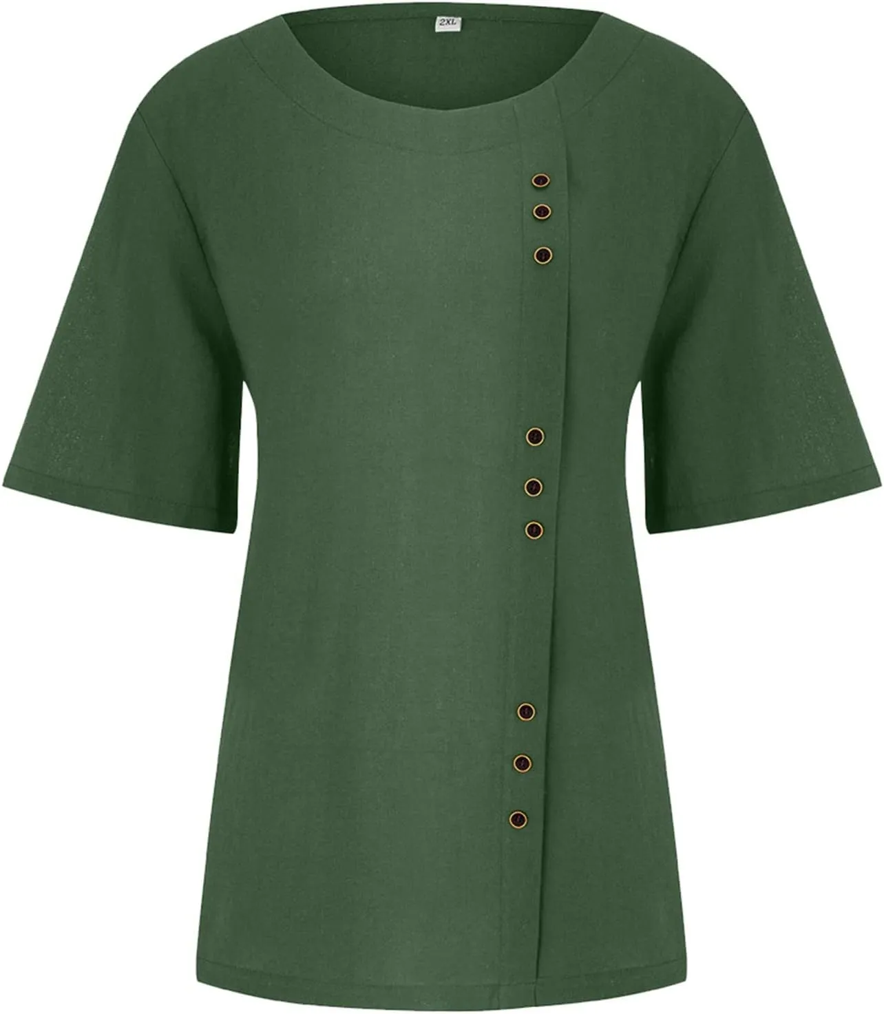 Linen Shirt Women,Short Sleeve 2024 Summer Blouses Round Neck Boho Blouse Button Down T Shirt Floral Print Top