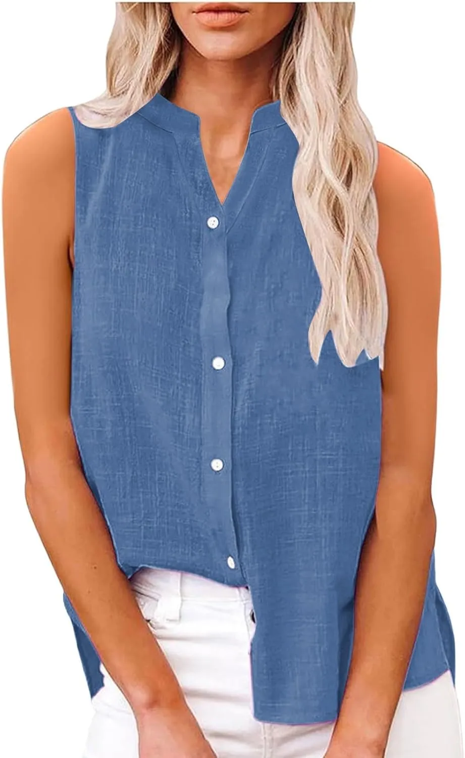 Linen Shirts for Women V Neck Tank Tops Dressy Casual Sleeveless Shirt Loose Fit Button Down Blouse Office Outfits