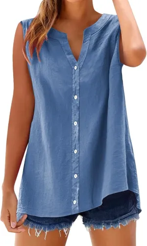 Linen Shirts for Women V Neck Tank Tops Dressy Casual Sleeveless Shirt Loose Fit Button Down Blouse Office Outfits