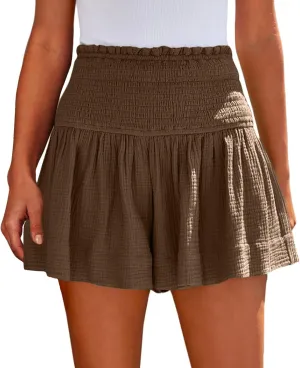 Linen Shorts for Women Smocked Elastic High Waisted Flowy Shorts Beach Casual Ruffle Butterfly Short Linen Pants