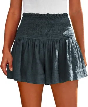 Linen Shorts for Women Smocked Elastic High Waisted Flowy Shorts Beach Casual Ruffle Butterfly Short Linen Pants