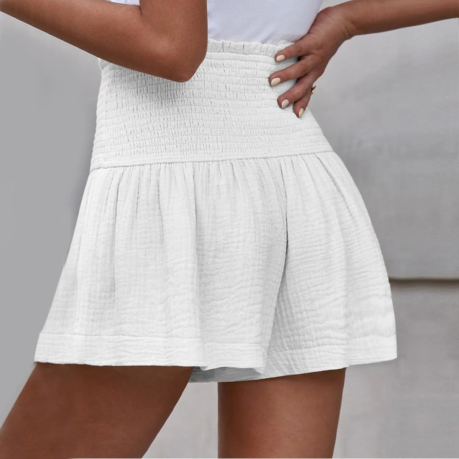 Linen Shorts for Women Smocked Elastic High Waisted Flowy Shorts Beach Casual Ruffle Butterfly Short Linen Pants