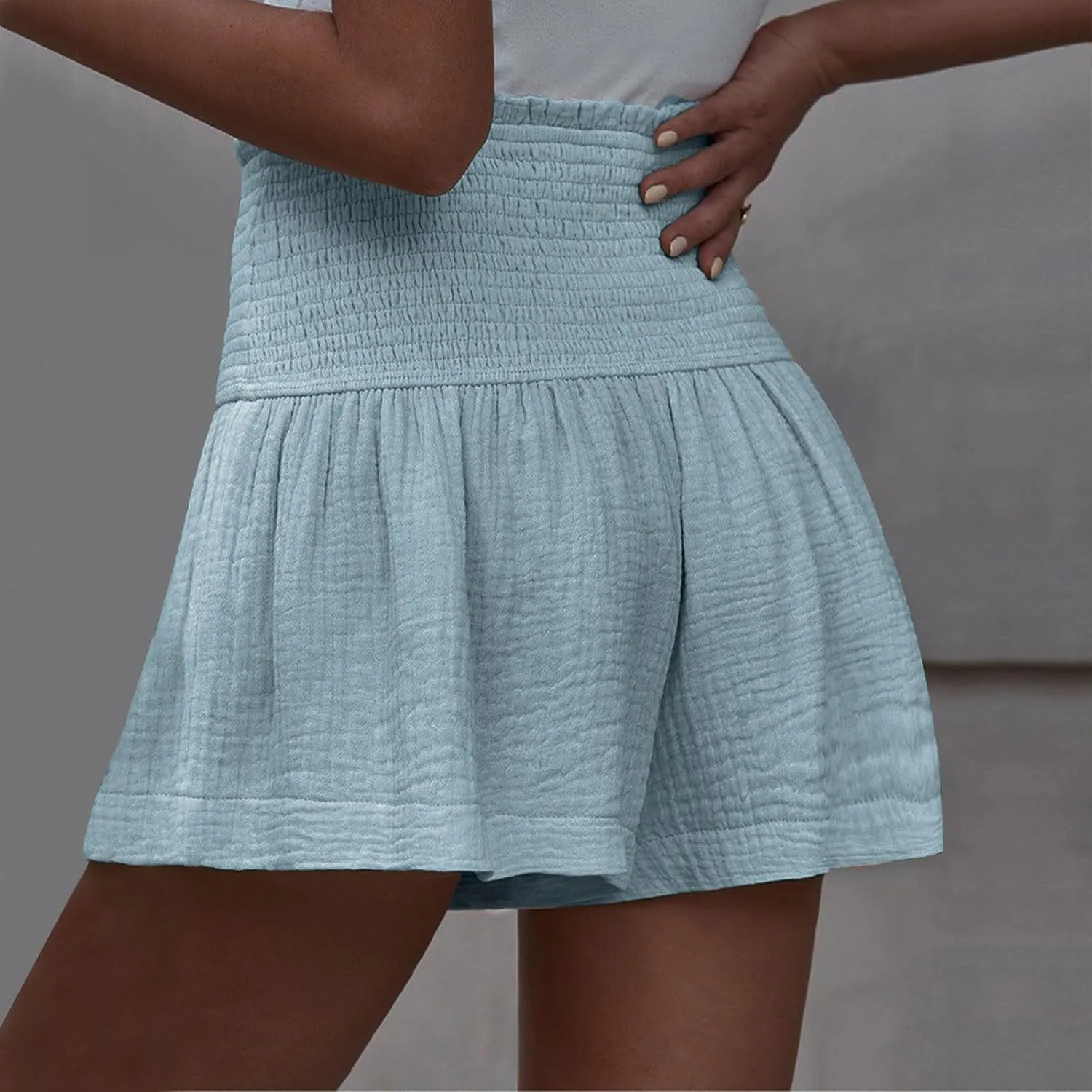 Linen Shorts for Women Smocked Elastic High Waisted Flowy Shorts Beach Casual Ruffle Butterfly Short Linen Pants