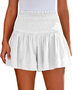 Linen Shorts for Women Smocked Elastic High Waisted Flowy Shorts Beach Casual Ruffle Butterfly Short Linen Pants