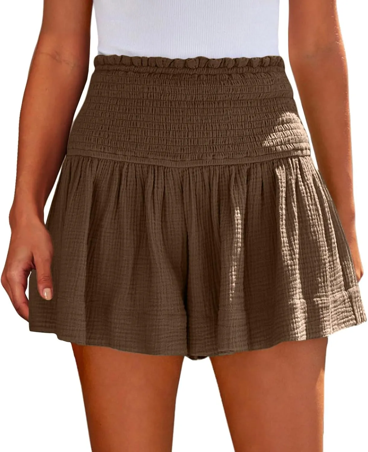 Linen Shorts for Women Smocked Elastic High Waisted Flowy Shorts Beach Casual Ruffle Butterfly Short Linen Pants