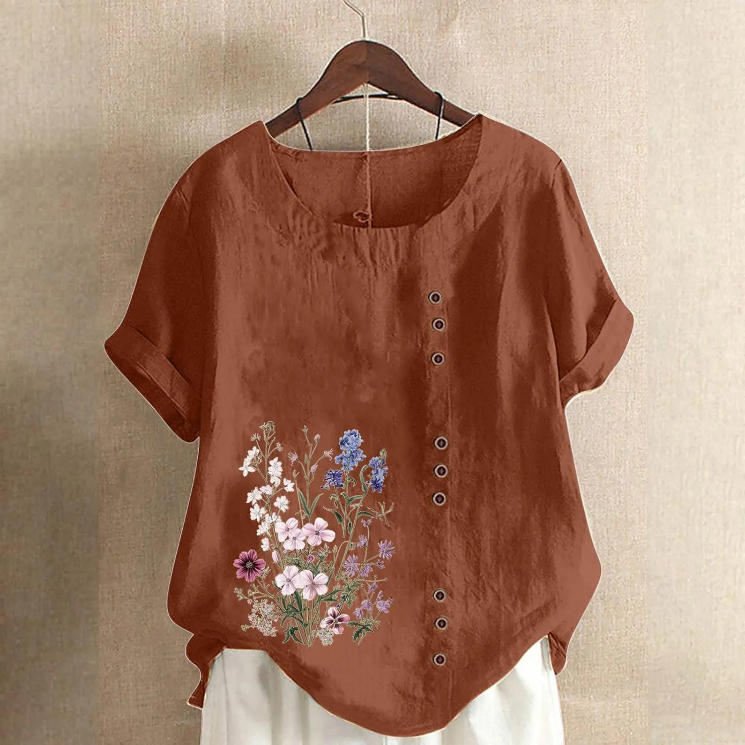 Linen Tops for Women Cute Floral Printed Shirts Crew Neck Short Sleeve Loose Fit Graphic Tees Summer Casual Blouses